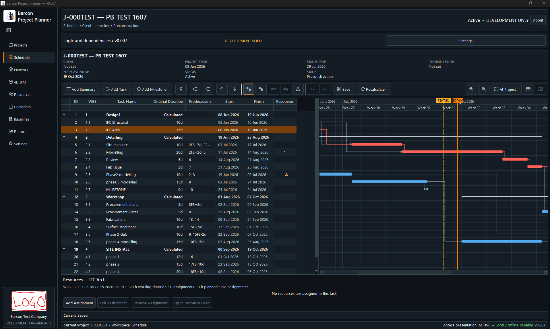 Barcon Project Planner schedule screen